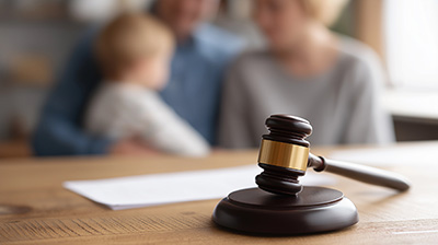 Gavel resting on a wooden desk, symbolizing family court proceedings, divorce settlements, child custody arrangements, legal separation, and judicial decisions affecting families, copy space
